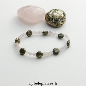 Bracelet Pyrite plate et Quartz Rose facetté (3mm) – Confiance et Douceur (17cm) - Cybele Pierres