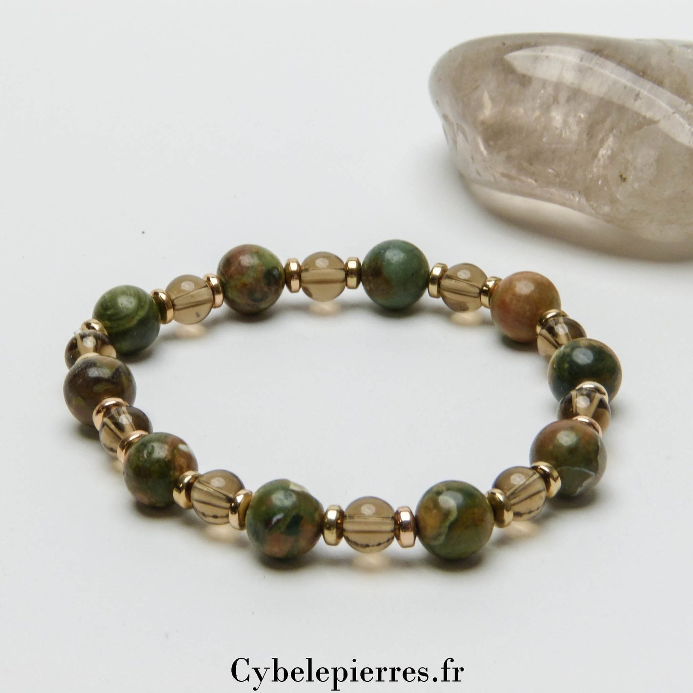 Bracelet Quartz fumé et Ryolite (6mm) - 18cm | Stabilité et Créativité - Cybele Pierres