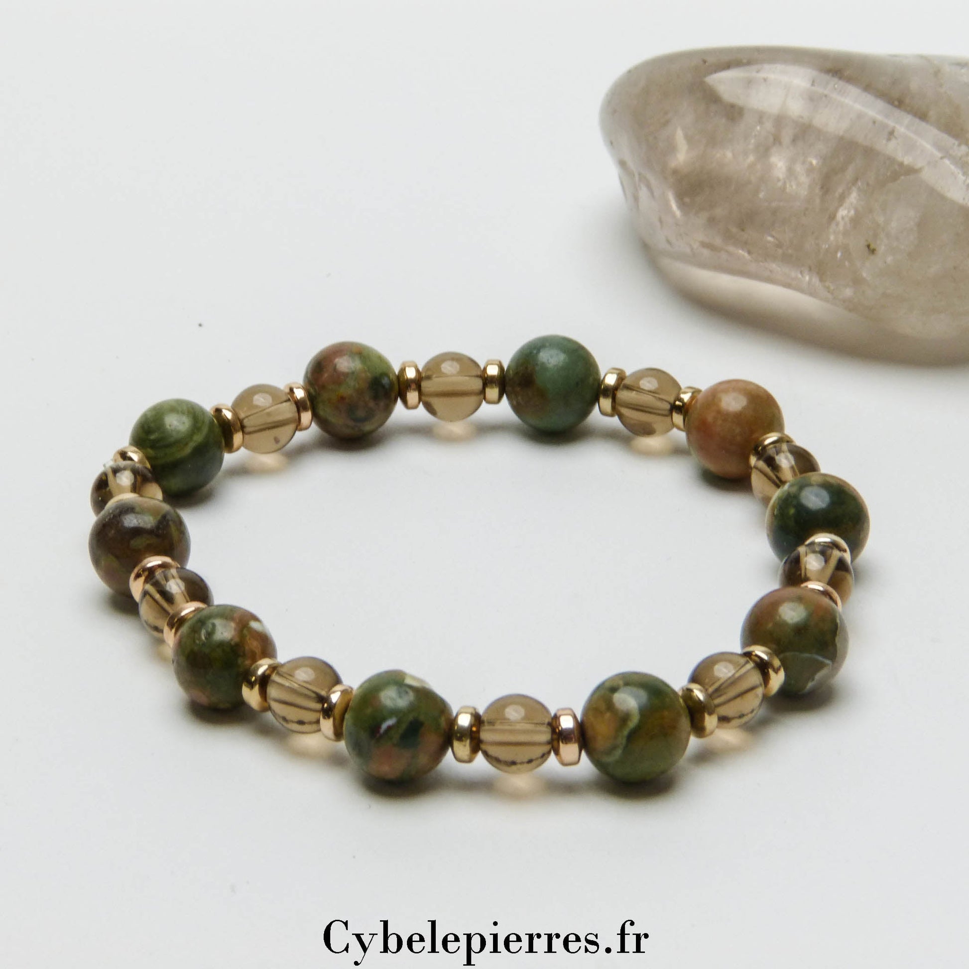 Bracelet Quartz fumé et Ryolite (6mm) - 18cm | Stabilité et Créativité - Cybele Pierres