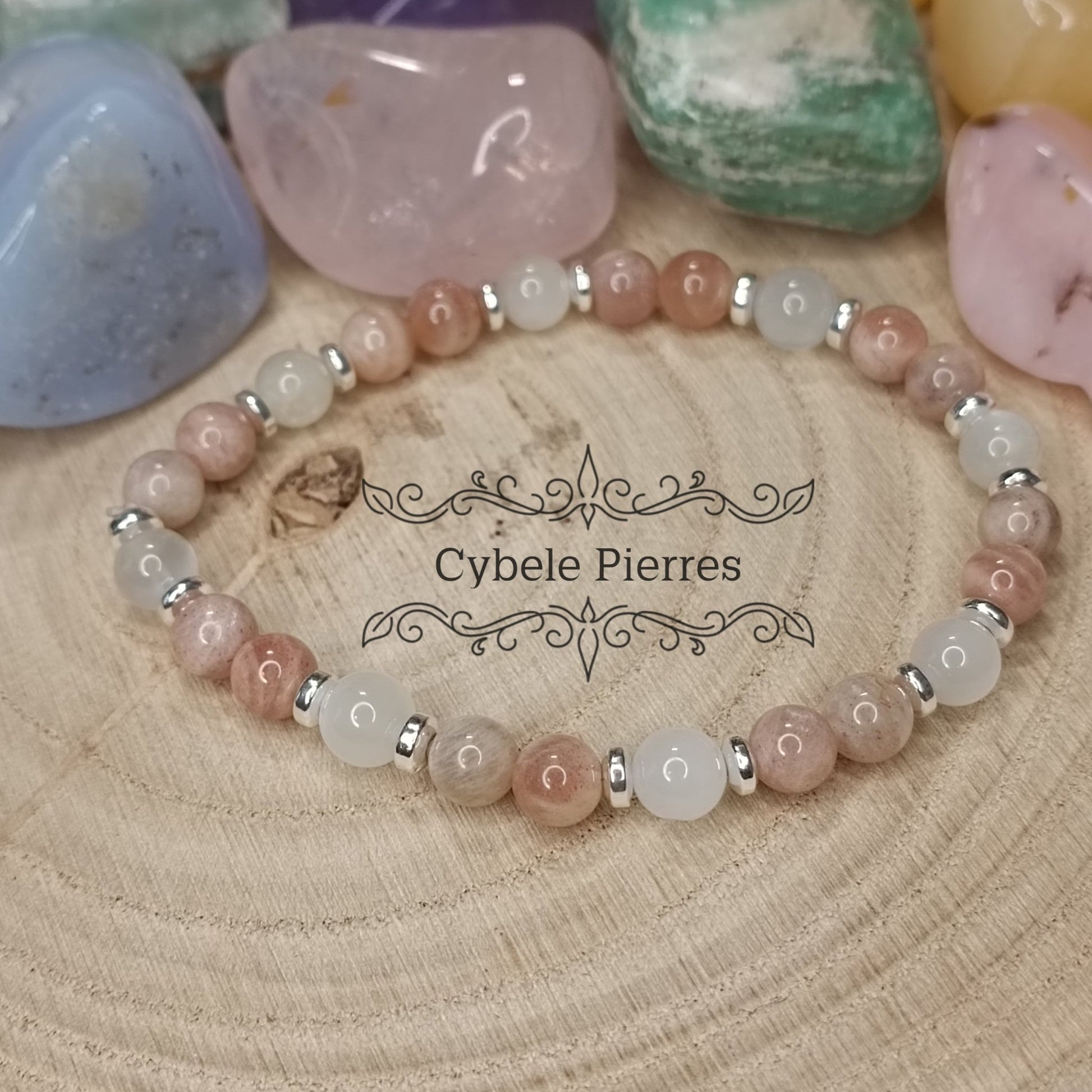 Bracelet Réalisation des rêves - Pierre de lune et Pierre de Soleil (6mm) - 18cm - Cybele Pierres