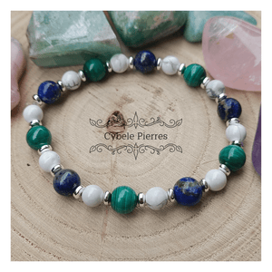 Bracelet Réalisation étoilée : lapis - lazuli, Malachite et Howlite (6 et 8mm) - 18cm - Cybele Pierres