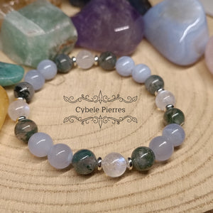 Bracelet Réconfort Hivernal - Agate mousse, Calcédoine bleue et Péristérite (8mm) - 18cm - Cybele Pierres