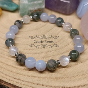 Bracelet Réconfort Hivernal - Agate mousse, Calcédoine bleue et Péristérite (8mm) - 18cm - Cybele Pierres