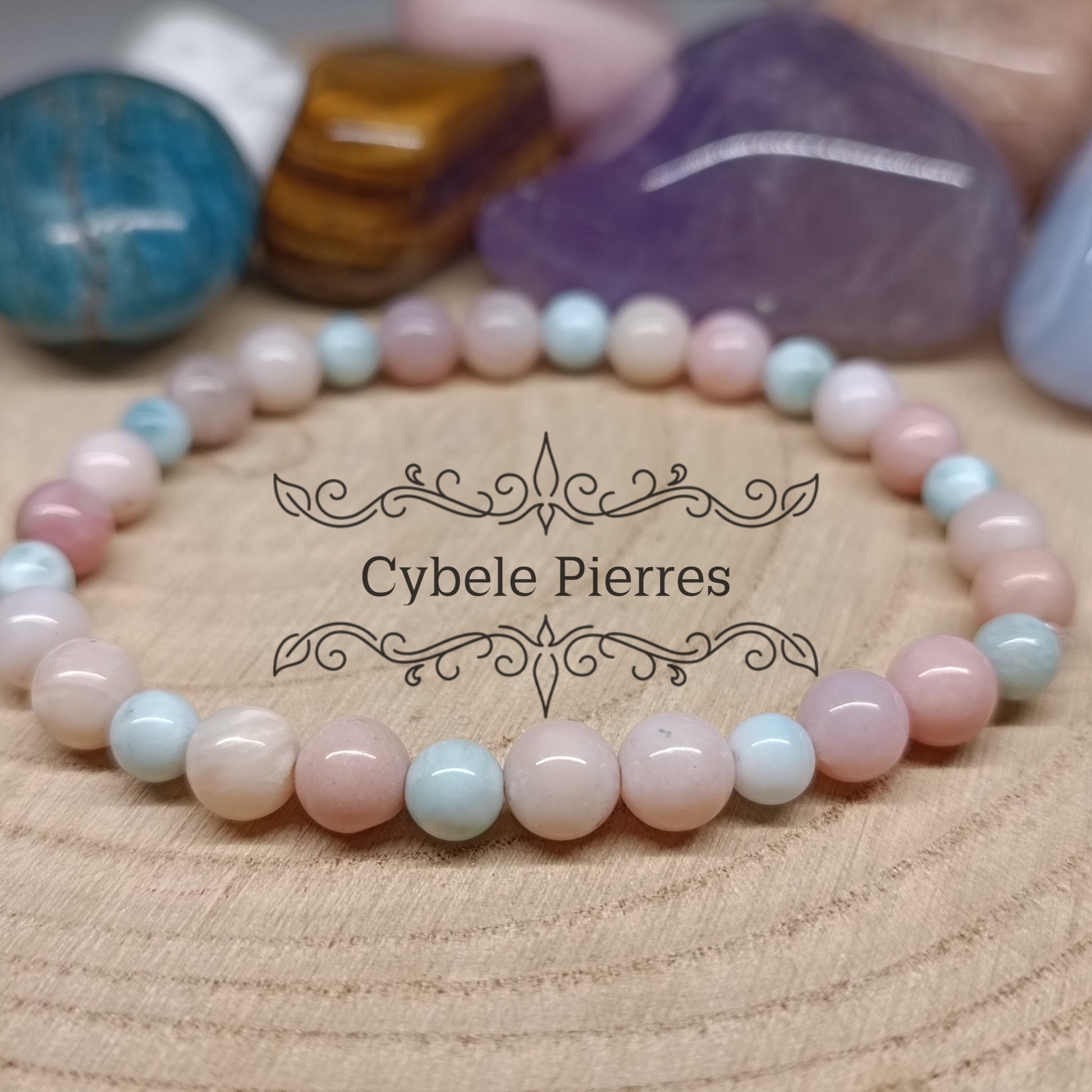 Bracelet Réconfort Printanier - Opale rose et Larimar (4 et 6mm) - 18cm - Cybele Pierres