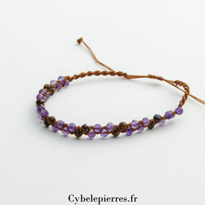 Bracelet réglable micro - macramé - Améthyste et Œil de Tigre (3mm) | Protection et Confiance - Cybele Pierres