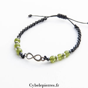Bracelet réglable Péridot (4mm) et symbole de l’infini – Renouveau et Joie - Cybele Pierres