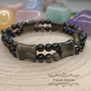 Bracelet Renaissance intérieure - Obsidienne dorée allongée (10mm) - 18cm - Cybele Pierres
