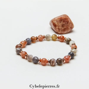 Bracelet "Révélation" : Pierre de Soleil extra et Agate Rubanée (6mm) - 17cm - Cybele Pierres