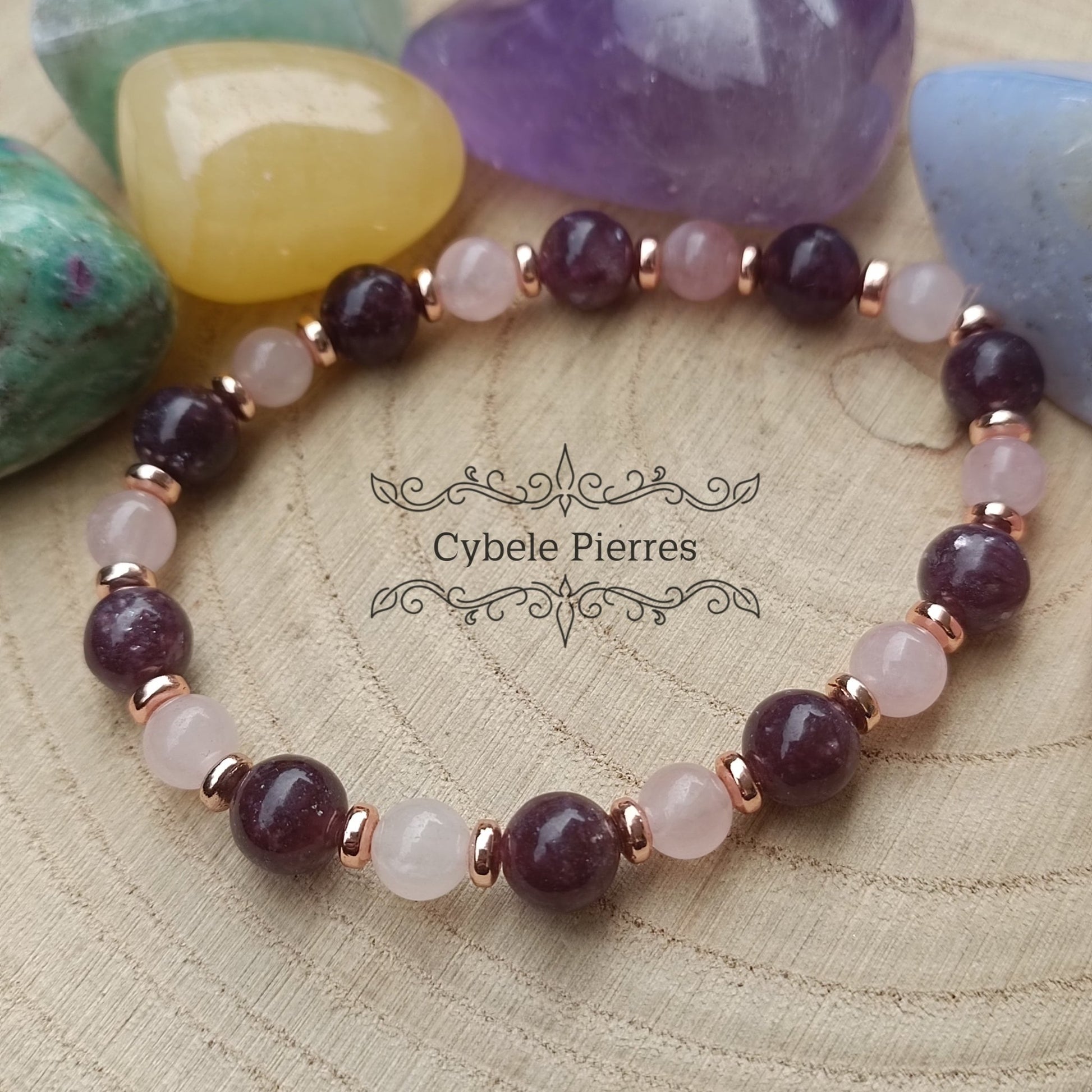 Bracelet Rêveur - Quartz rose et Lépidolite (6 et 8mm) - 18cm - Cybele Pierres