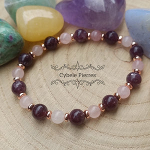 Bracelet Rêveur - Quartz rose et Lépidolite (6 et 8mm) - 18cm - Cybele Pierres