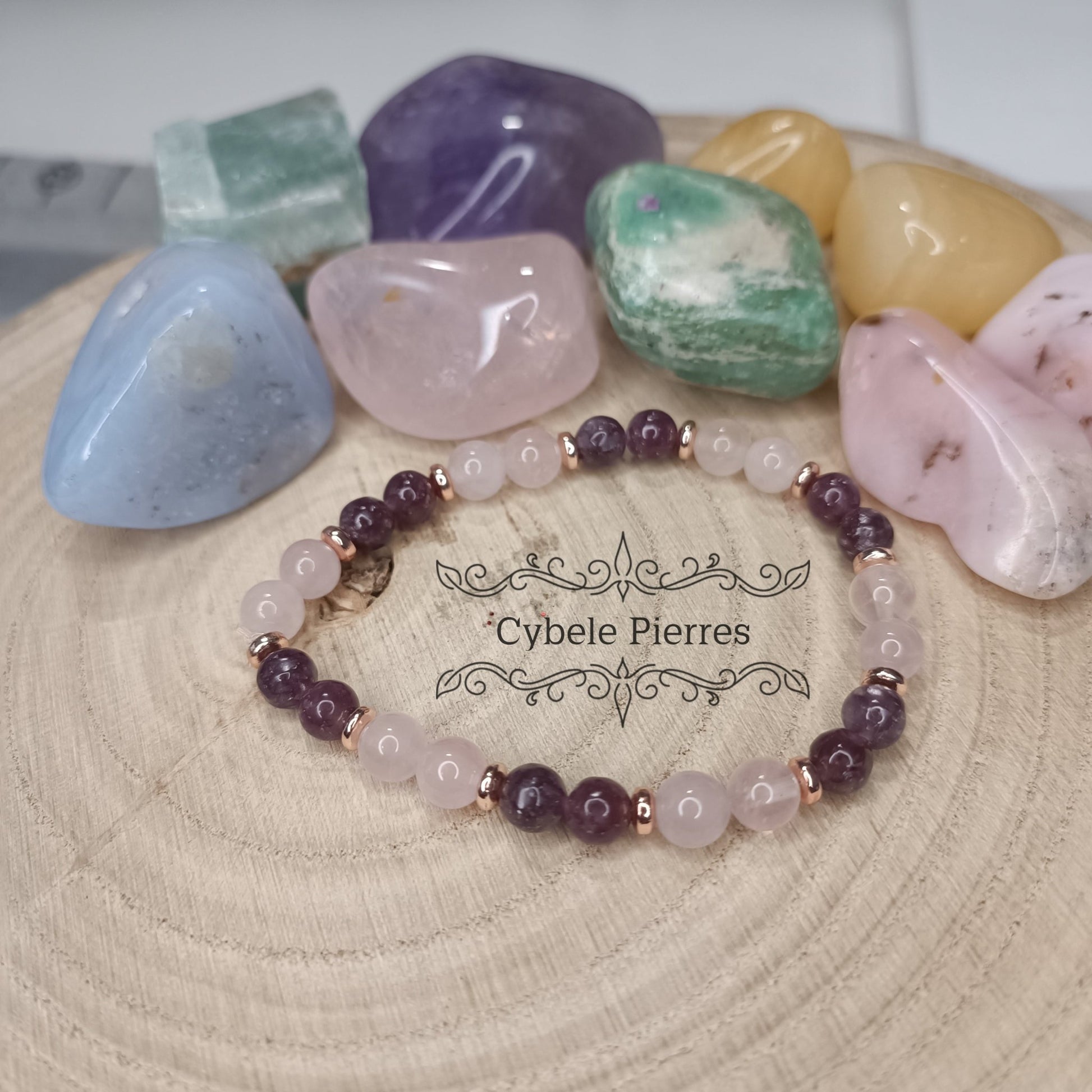 Bracelet Rêveur - Quartz rose et Lépidolite (6mm) - 17cm - Cybele Pierres
