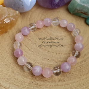 Bracelet Rosée matinale - Quartz Rose, Kunzite et Cristal de Roche (8mm) - 18cm - Cybele Pierres