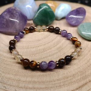 Bracelet Sagesse Lumineuse - Améthyste, Oeil de tigre, Bronzite et Citrine (6mm) - 18cm - Cybele Pierres