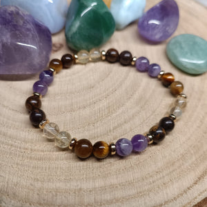 Bracelet Sagesse Lumineuse - Améthyste, Oeil de tigre, Bronzite et Citrine (6mm) - 18cm - Cybele Pierres