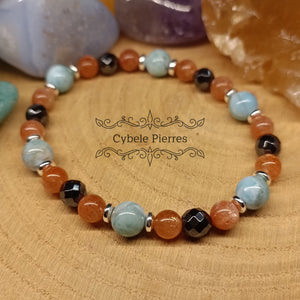 Bracelet Souffle nouveau - Pierre de soleil extra, Larimar et Hématite facettée (6mm) - 18cm - Cybele Pierres