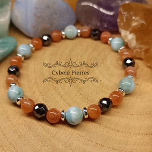 Bracelet Souffle nouveau - Pierre de soleil extra, Larimar et Hématite facettée (6mm) - 18cm - Cybele Pierres