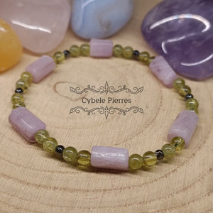 Bracelet Source Équilibrée - Kunzite et Péridot (4 et 10mm) - 18cm - Cybele Pierres