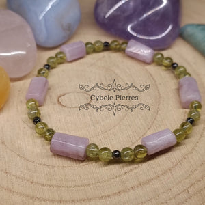 Bracelet Source Équilibrée - Kunzite et Péridot (4 et 10mm) - 18cm - Cybele Pierres