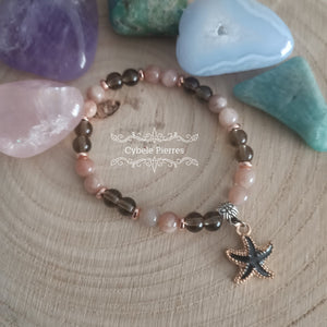 Bracelet Summer noir - Quartz fumé et Pierre de Soleil (6mm) - 17cm - Cybele Pierres