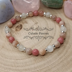 Bracelet Tendresse sucrée - Thulite, Pierre de Soleil et Pierre de Lune (6mm) - 17cm - Cybele Pierres