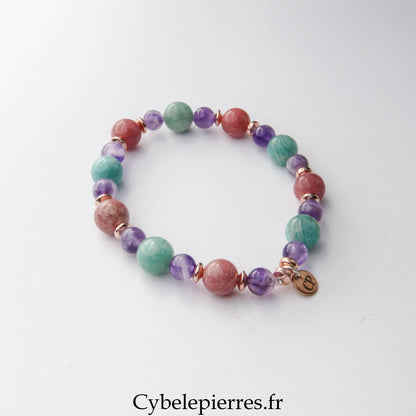 Bracelet Thulite, Amazonite et Améthyste (6 et 8 mm) – 17 cm | Douceur et affirmation de soi