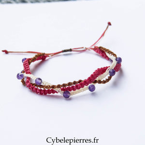 Bracelet “Trio Estival – Éclat Framboise” – micro macramé & améthyste - Cybele Pierres