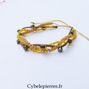 Bracelet “Trio Estival – Éclat Terre” – micro macramé & pyrite facettée - Cybele Pierres