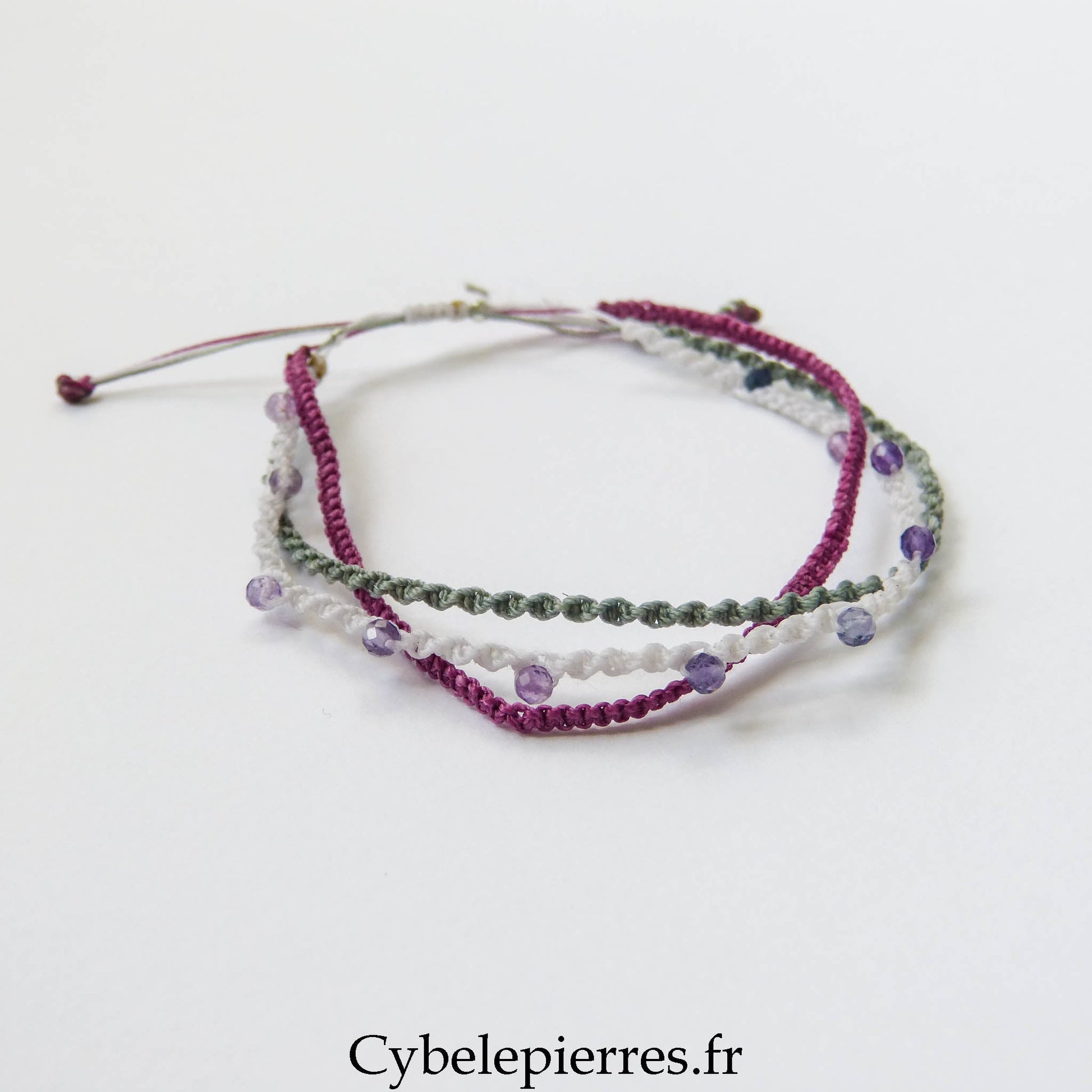 Bracelet “Trio Estival – Lavande Boréale” – micro macramé & fluorite - Cybele Pierres