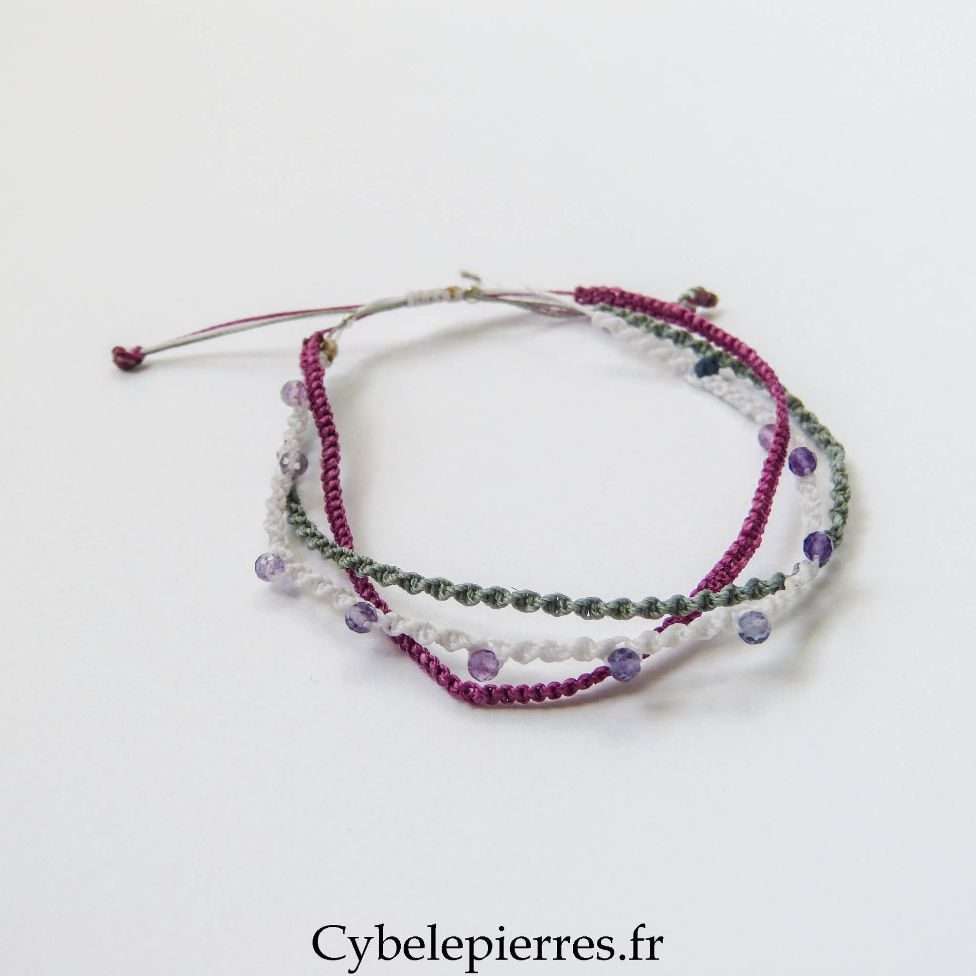 Bracelet “Trio Estival – Lavande Boréale” – micro macramé & fluorite - Cybele Pierres