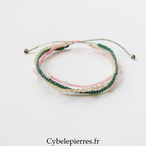 Bracelet “Trio Estival – Matin Pastel” – micro macramé et quartz rose - Cybele Pierres