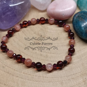 Bracelet Triomphe - Pierre de Soleil, Ambre et Grenat (3 et 6mm) - 18cm - Cybele Pierres