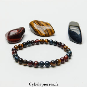 Bracelet Triple Protection – Œil de Faucon, Œil de Tigre & Œil de Taureau (6mm) – 18 cm | Force et Stabilité - Cybele Pierres