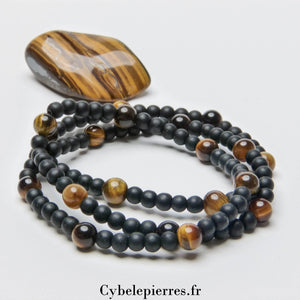 Bracelet Triple protection - Œil de Tigre et Onyx (4 et 6mm) - 18cm | Protection et Force Intérieure - Cybele Pierres