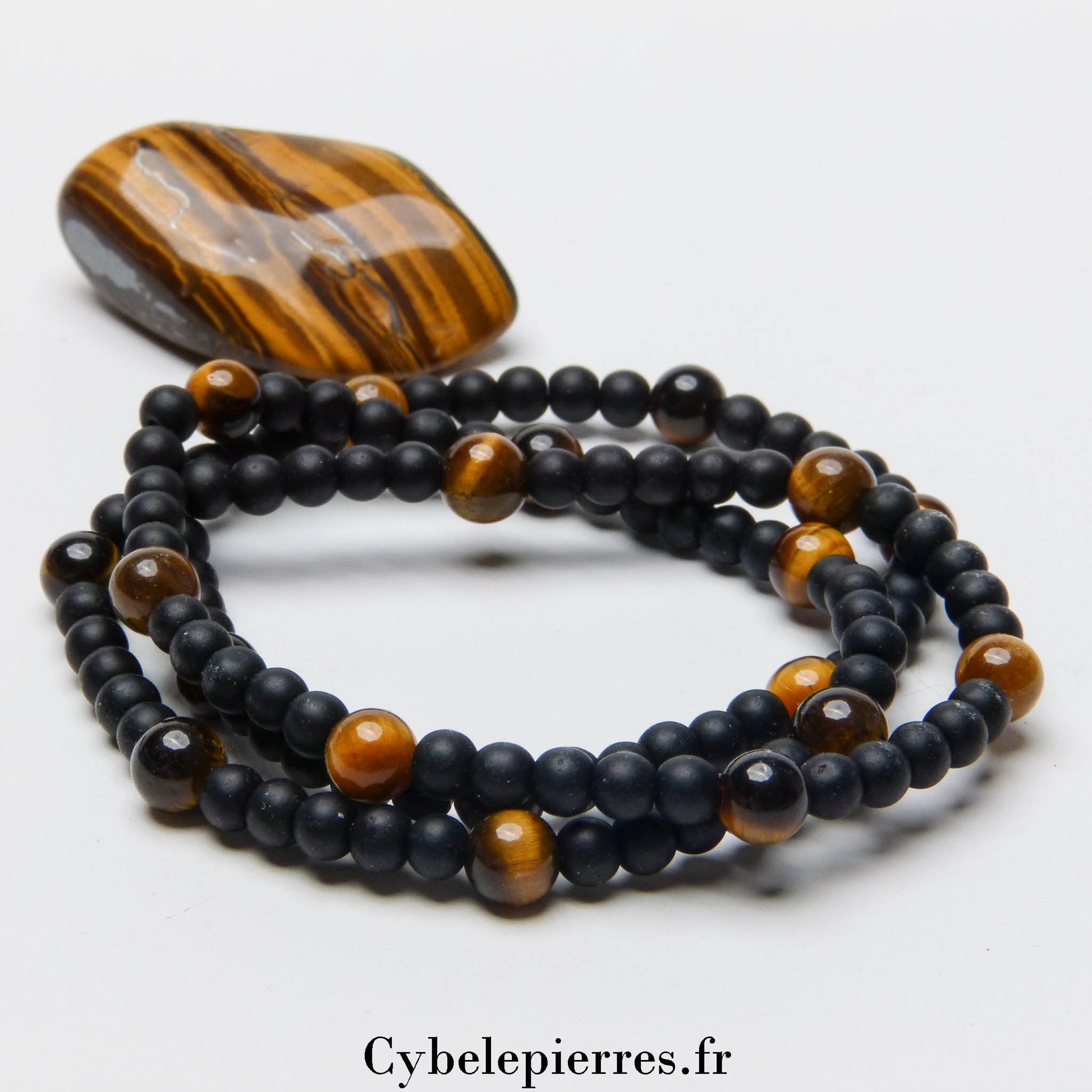 Bracelet Triple protection - Œil de Tigre et Onyx (4 et 6mm) - 18cm | Protection et Force Intérieure - Cybele Pierres