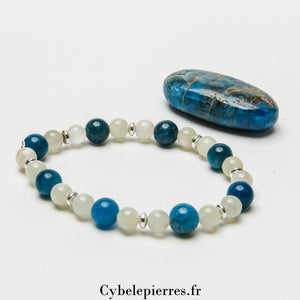 Bracelet Vague de Réconfort - Pierre de Lune Blanche et Apatite Bleue (6 et 8mm) - 18cm | Sérénité et Expression - Cybele Pierres