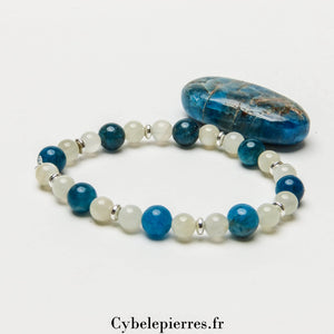 Bracelet Vague de Réconfort - Pierre de Lune Blanche et Apatite Bleue (6 et 8mm) - 18cm | Sérénité et Expression - Cybele Pierres