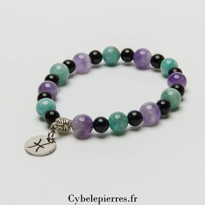 1- Bracelet Poissons - Améthyste, Amazonite et Tourmaline (6 et 8mm) - 18cm | Intuition et Apaisement