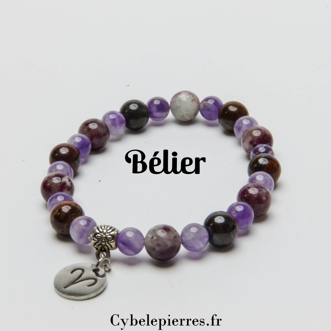 1- Bracelet Bélier - Oeil de Fer, Améthyste et Rubellite (6 et 8mm) | Énergie et Détermination