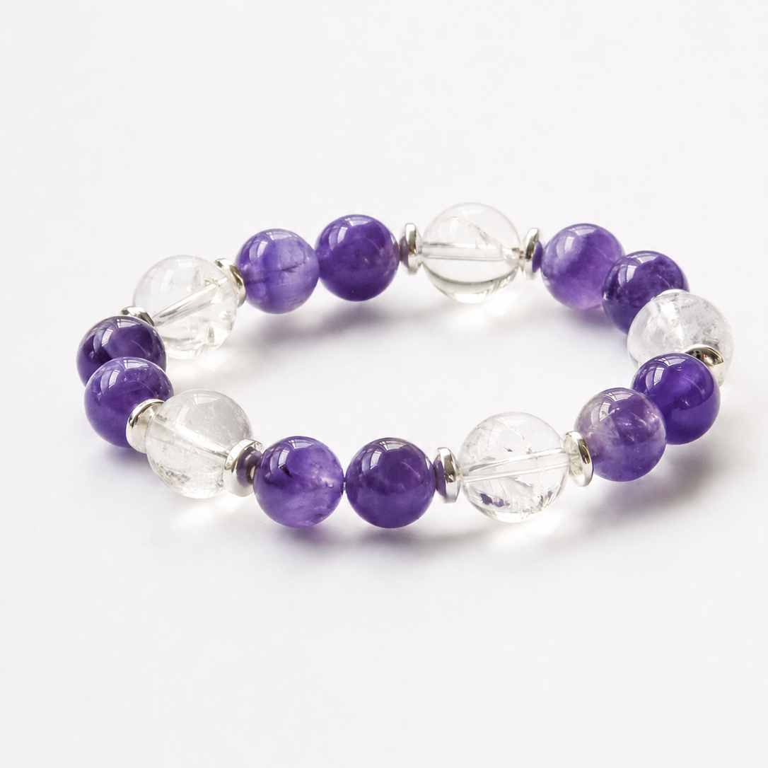 Bracelet Sérénité – Améthyste (10 mm) et Cristal de roche (12 mm) – 18 cm | Clarté et Recentrage