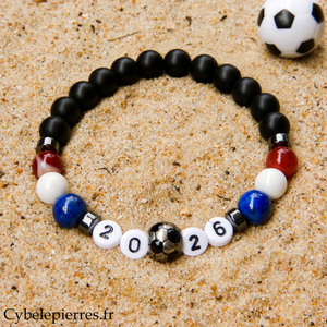 Bracelet Football France 2026 - Lapis-lazuli, Howlite, Cornaline et Onyx (8 mm) - 19 cm | Passion et fierté