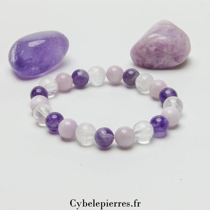 Bracelet Astérie- Kunzite, Cristal de roche et Améthyste (8mm) - 17cm