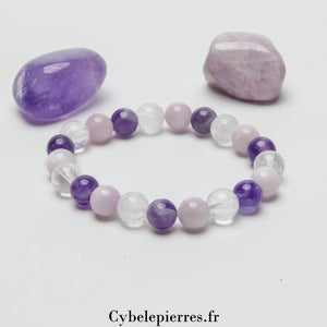 Bracelet Astérie- Kunzite, Cristal de roche et Améthyste (8mm) - 17cm