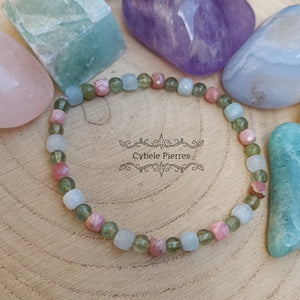 BraceletJoie - Rhodochrosite, Aigue - Marine et Apatite verte (4mm) - 17cm - Cybele Pierres