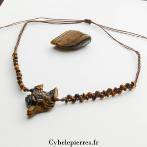 Collier macramé réglable - Tête de loup en Œil de Tigre (4cm) et perles facettées (4mm) | Protection et Force - Cybele Pierres