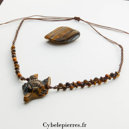 Collier macramé réglable - Tête de loup en Œil de Tigre (4cm) et perles facettées (4mm) | Protection et Force - Cybele Pierres
