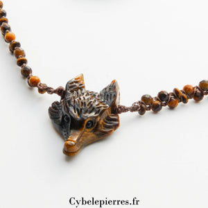 Collier macramé réglable - Tête de loup en Œil de Tigre (4cm) et perles facettées (4mm) | Protection et Force - Cybele Pierres