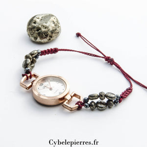 Montre rose dorée réglable macramé & Pyrite (facettée 6mm) | Élégance et Protection - Cybele Pierres