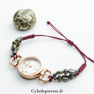 Montre rose dorée réglable macramé & Pyrite (facettée 6mm) | Élégance et Protection - Cybele Pierres