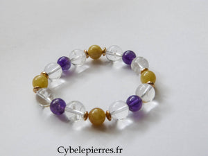 Réservé - Bracelet Cristal de Roche (12 mm), Améthyste & Héliodore (8 mm) – 18,5 cm | Clarté & Sérénité - Cybele Pierres