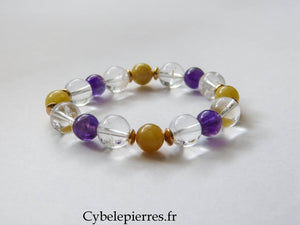 Réservé - Bracelet Cristal de Roche (12 mm), Améthyste & Héliodore (8 mm) – 18,5 cm | Clarté & Sérénité - Cybele Pierres